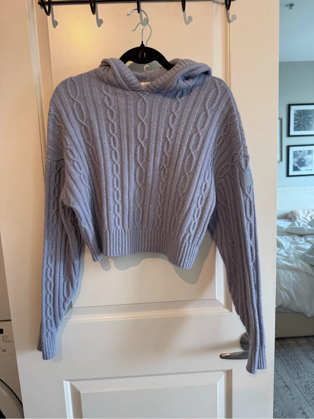 ALO Yoga Dusty Blue Cable-Knit Hooded Sweater